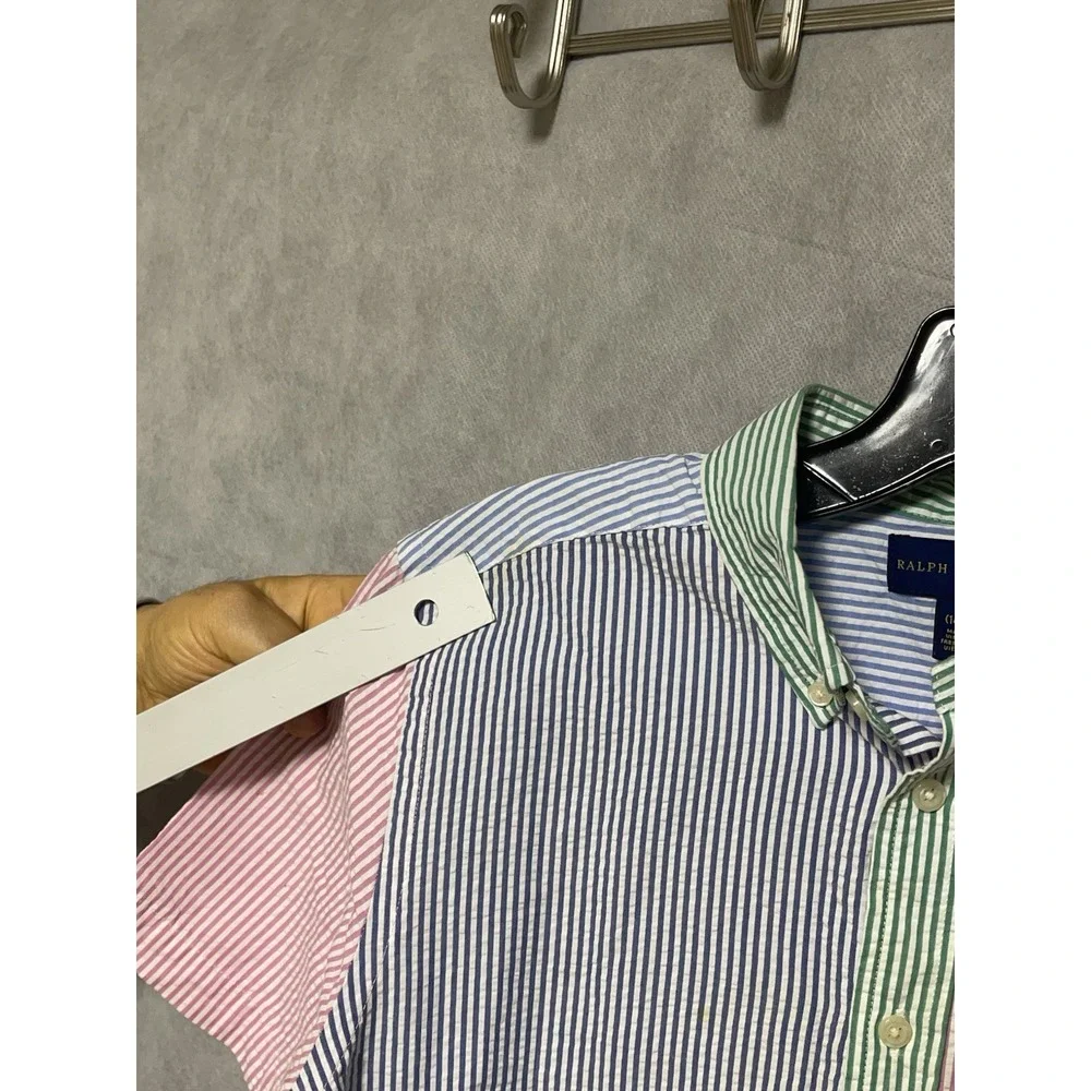 Ralph Lauren Shirt Boy's L (14-16) Hickory‎ Striped Seersucker Button Up Casual